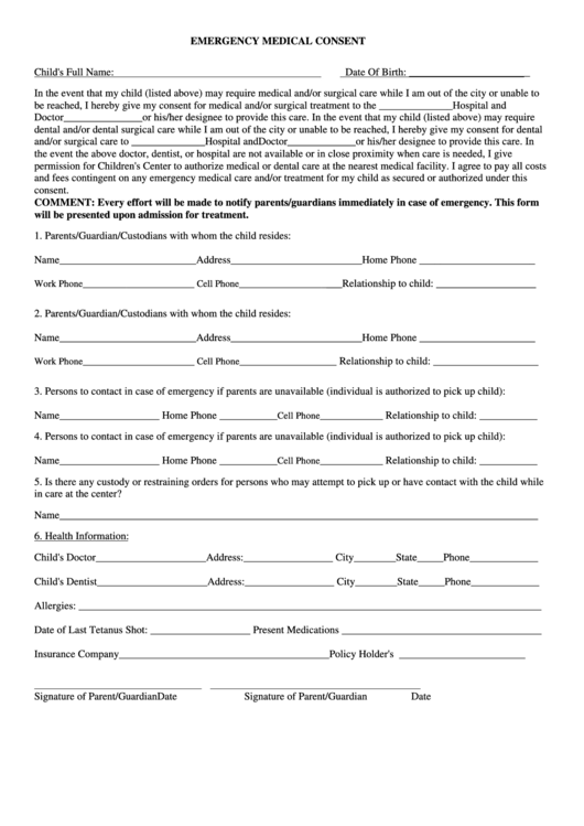 Emergency Medical Consent Form Printable pdf
