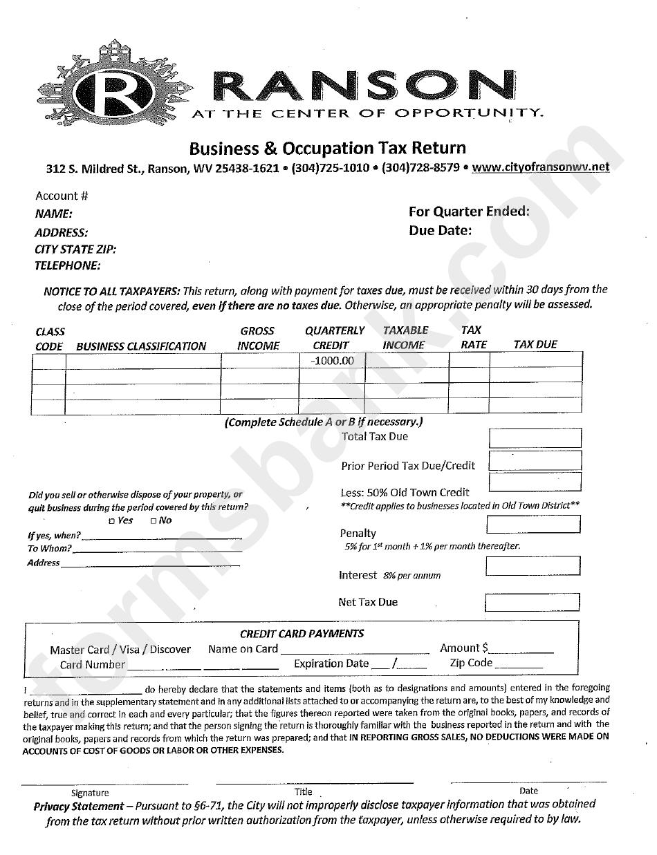 Business And Occupation Tax Return - City Of Ranson