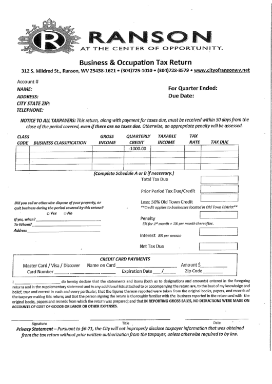 Business And Occupation Tax Return - City Of Ranson Printable pdf