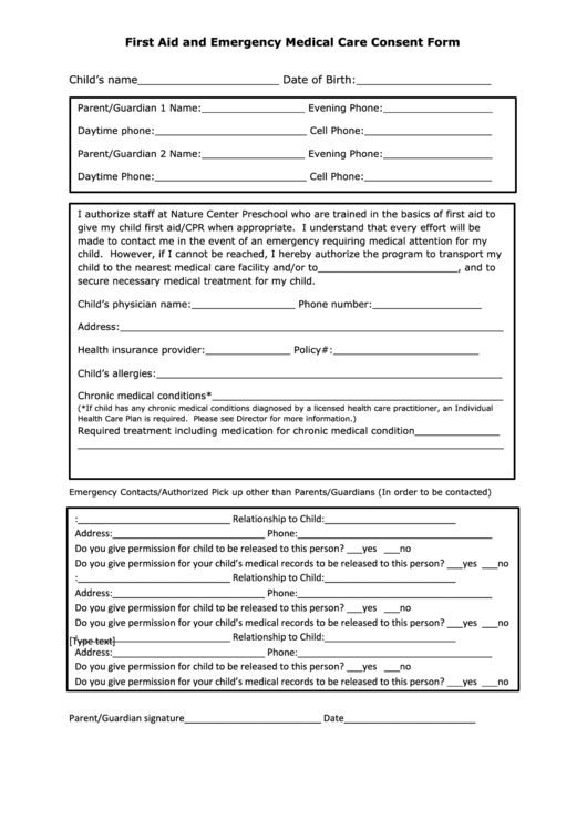 First Aid And Emergency Medical Care Consent Form Printable pdf