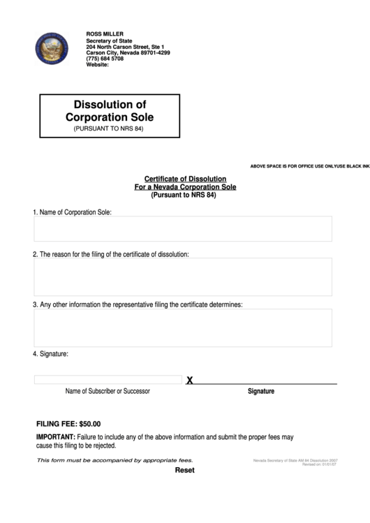 Fillable Dissolution Of Corporation Sole - Nevada Secretary Of State Printable pdf