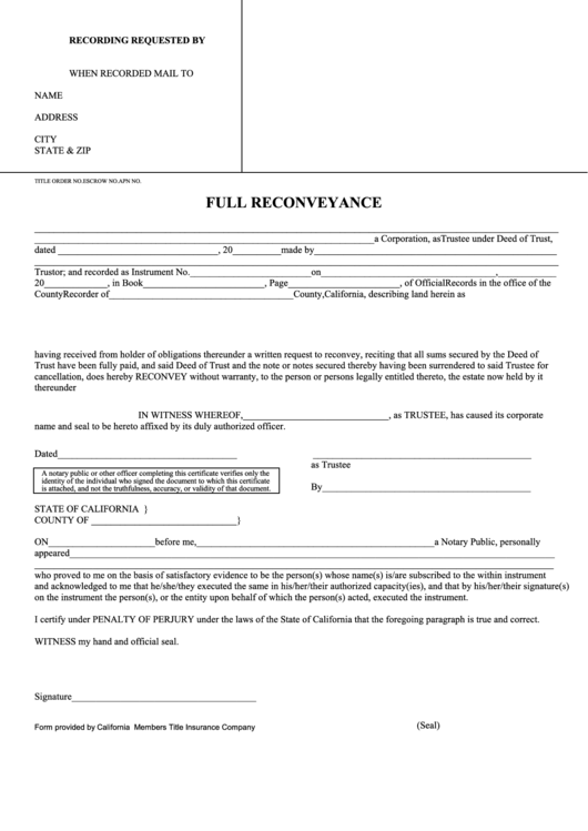 Fillable Full Reconveyance Form - State Of California Printable pdf