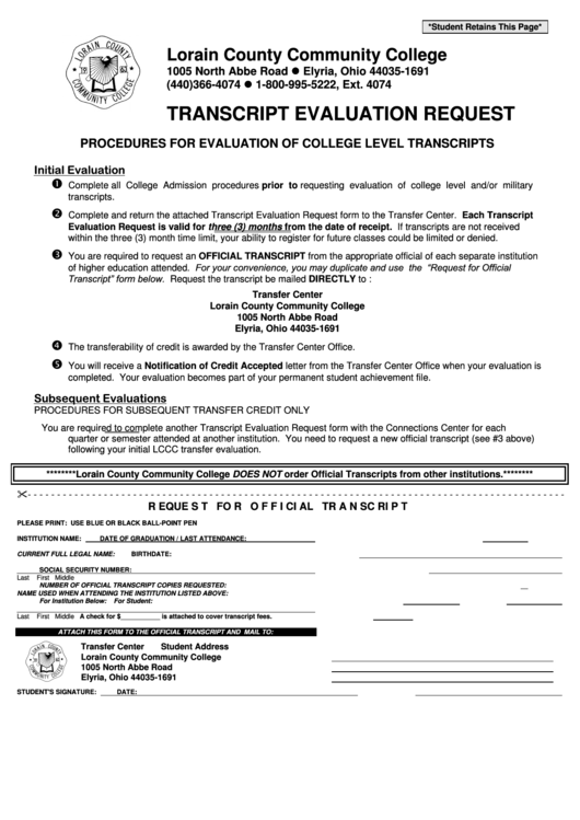 Transcript Evaluation Request - Lorain County Community College Printable pdf