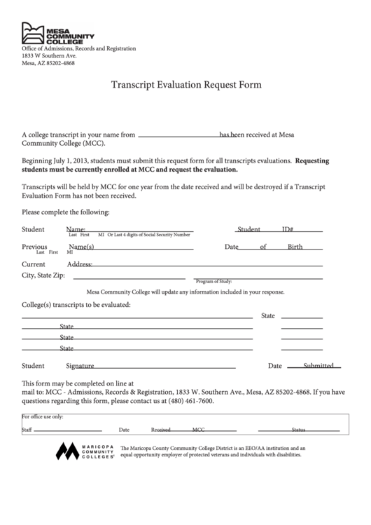 Transcript Evaluation Request Form - Mesa Community College Printable pdf