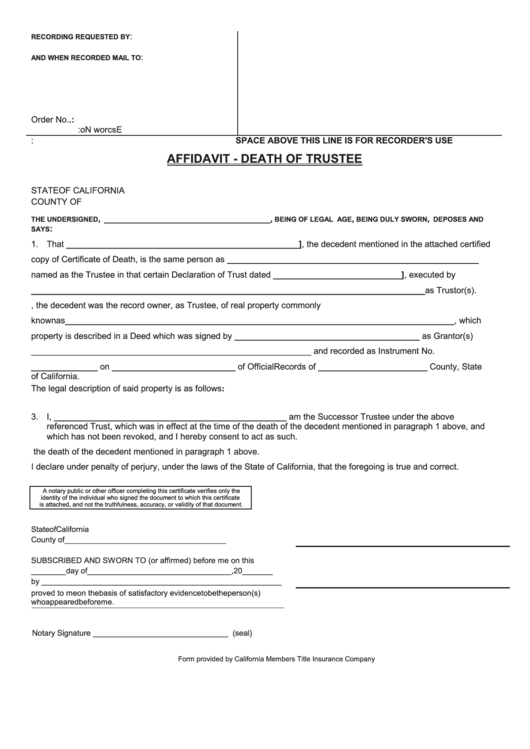Fillable Death Of Trustee Affidavit Form - State Of California Printable pdf