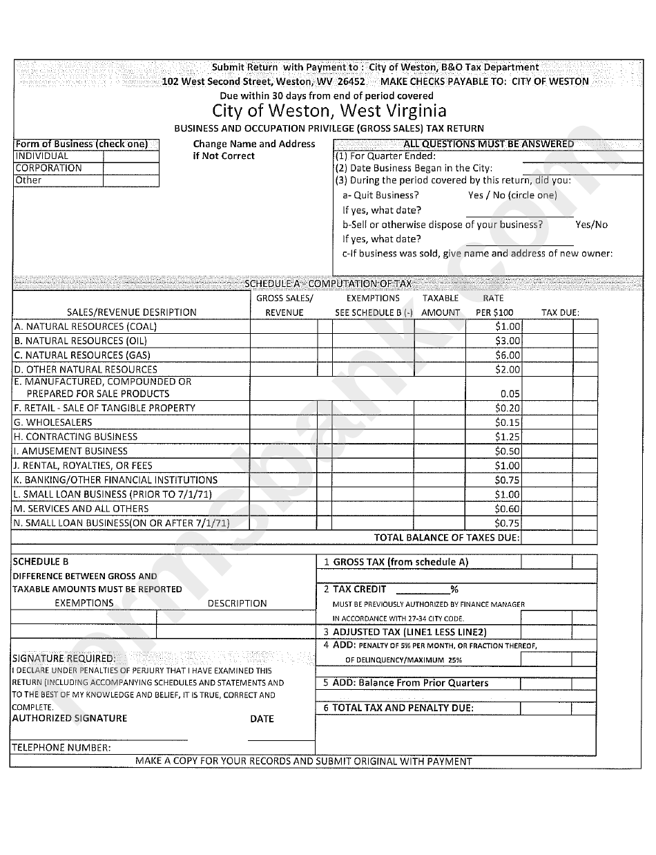 Business And Occupation Privilege (Gross Sales) Tax Return - City Of Weston