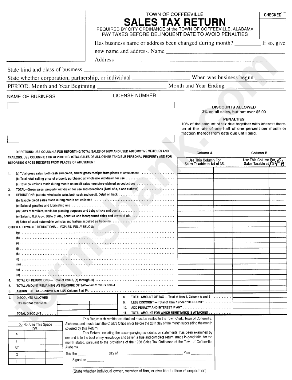 Sales Tax Return - Town Of Coffeeville - State Of Alabama