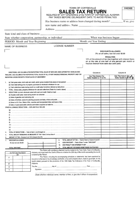 Sales Tax Return - Town Of Coffeeville - State Of Alabama Printable pdf