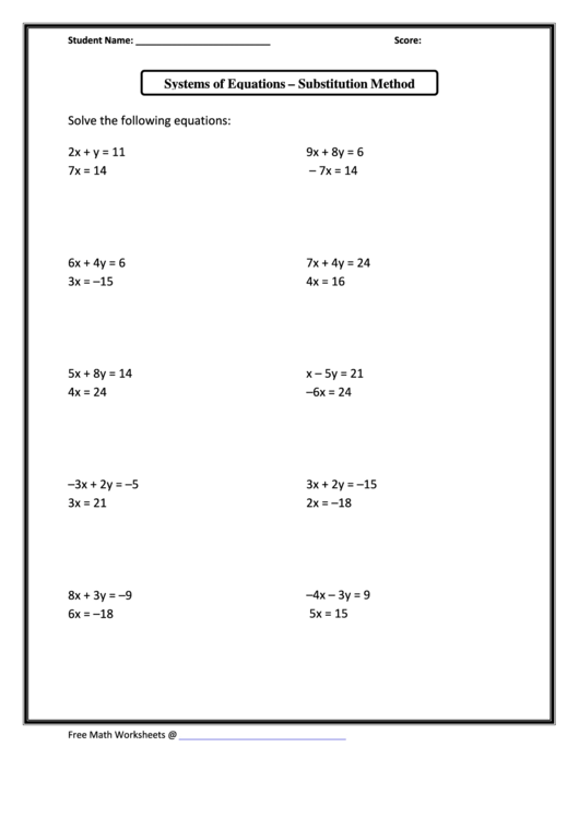 Systems Of Equations Substitution Method Worksheet With Answers Printable Pdf Download