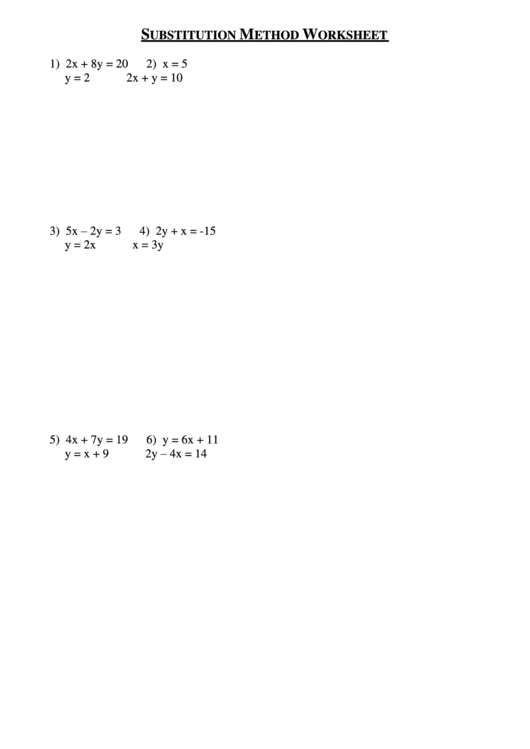 Substitution Method Worksheet Printable pdf