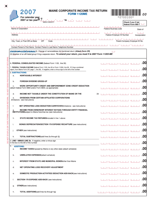 Form 1120me - Maine Corporate Income Tax Return - 2007 Printable pdf