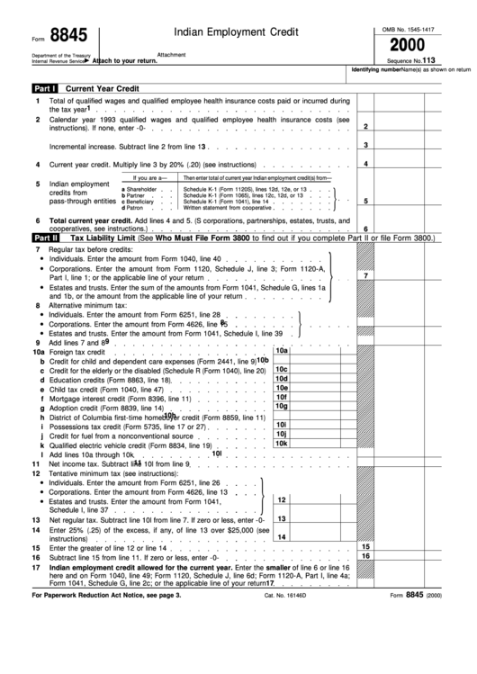 Form 8845 - Indian Employment Credit - 2000 Printable pdf