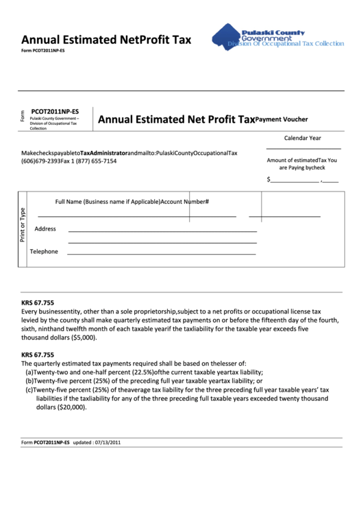 Form Pcot2011np-Es - Annual Estimated Net Profit Tax - Payment Voucher - 2011 Printable pdf