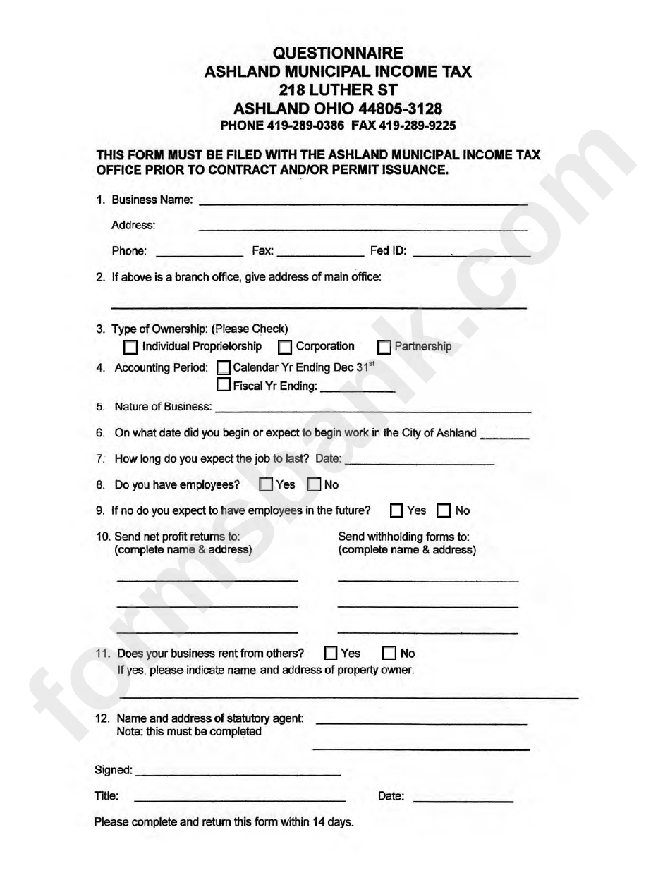 Questionnaire - Ashland Municipal Income Tax - 2013
