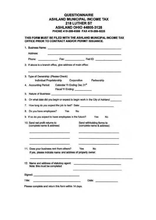 Fillable Questionnaire - Ashland Municipal Income Tax - 2013 Printable pdf