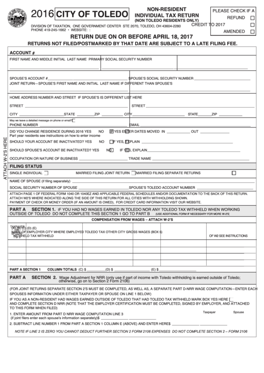 Non-Resident Individual Tax Return - City Of Toledo - 2016 Printable pdf