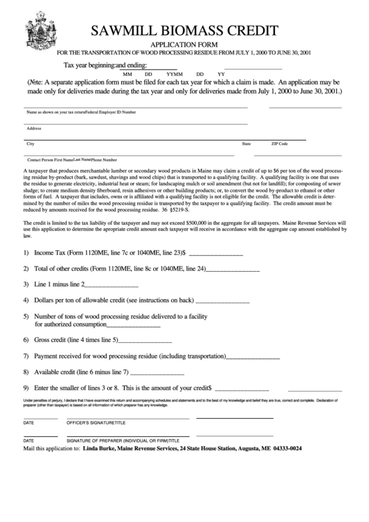 Application Form For The Transportation Of Wood Processing Residue From July 1, 2000 To June 30, 2001 - Sawmill Biomass Credit Printable pdf