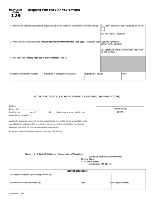 Maryland Form 129 - Request For Copy Of Tax Return