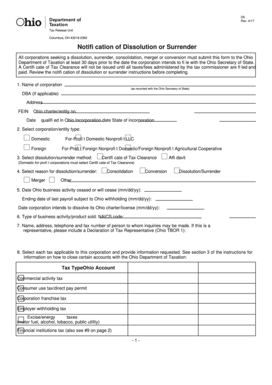 Fillable Form D5 - Notification Of Dissolution Or Surrender Printable pdf