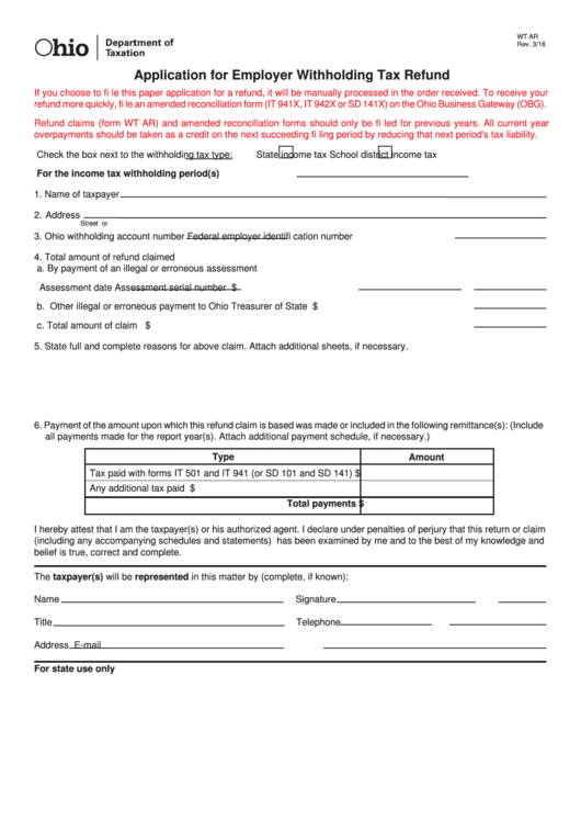 Fillable Form Wt Ar - Application For Employer Withholding Tax Refund Printable pdf