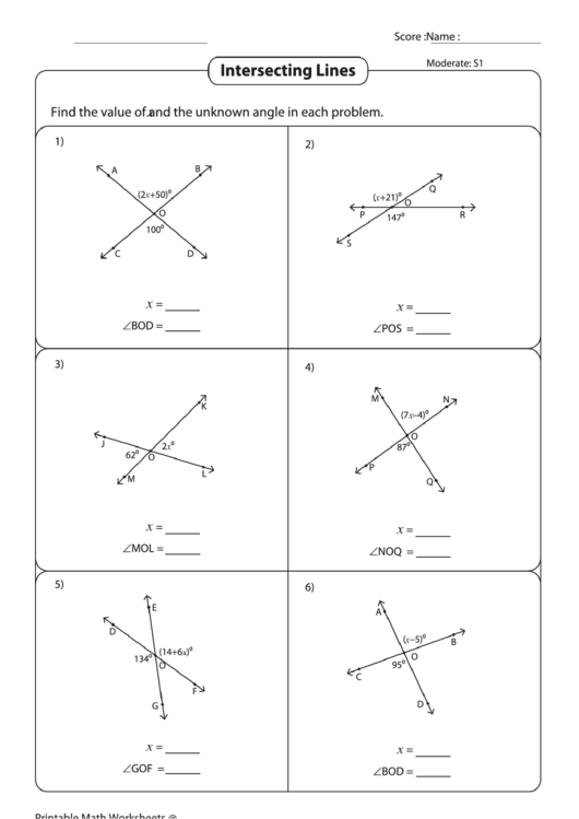 Intersecting Lines Worksheet With Answers Printable pdf