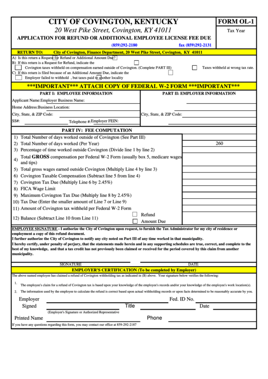 Form Ol-1 - Application For Refund Or Additional Employee License Fee Due - City Of Covington Printable pdf