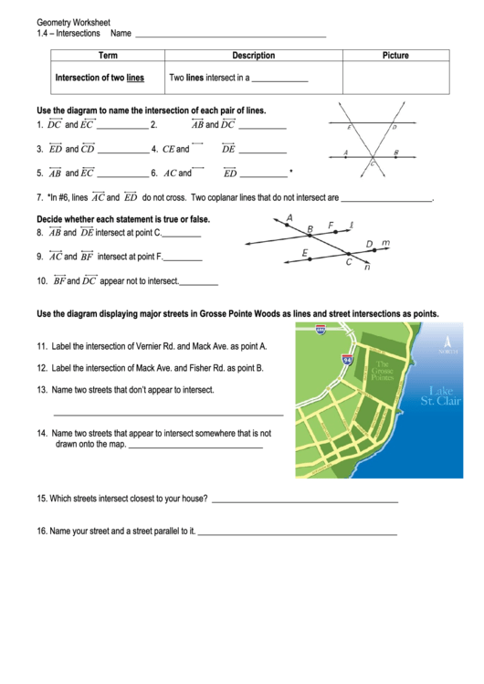 Intersections Geometry Worksheet
