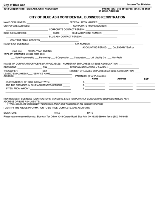 Fillable Confidential Business Registration - City Of Blue Ash - Ohio Income Tax Division Printable pdf