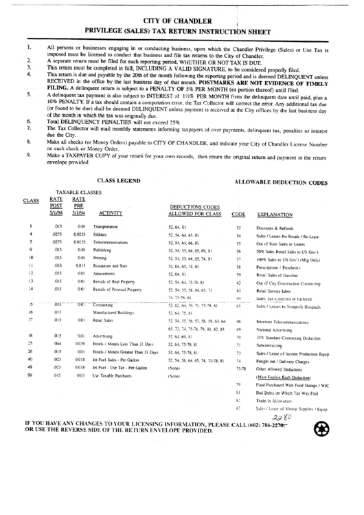 Privilege (Sales) Tax Return Instruction Sheet - City Of Chandler Printable pdf