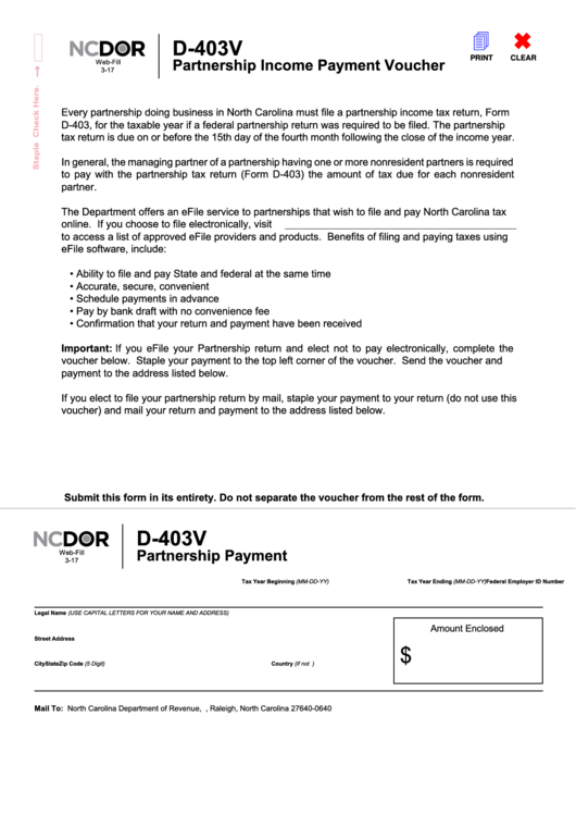 Fillable Form D-403v - Partnership Payment - North Carolina Department Of Revenue Printable pdf