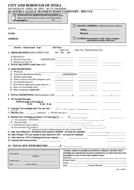 Fillable Quarterly Sales & Transient Room Tax Return (Bed Tax) City