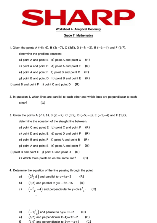 Analytical Geometry Worksheet Printable pdf