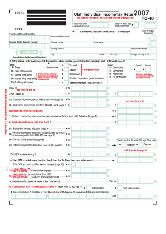 Form Tc-40 - Utah Individual Income Tax Return - 2007 Printable pdf
