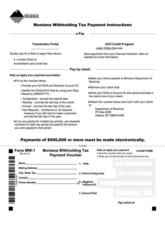 Fillable Form Mw1 Montana Withholding Tax Payment Voucher printable