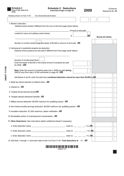 Fillable Form It-40 Draft - Schedule 2 - Deductions - 2009 Printable pdf