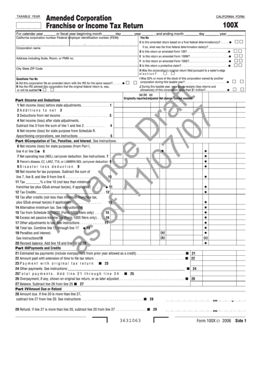 California Form 100x Advance Draft - Amended Corporation Franchise Or Income Tax Return - 2007 Printable pdf
