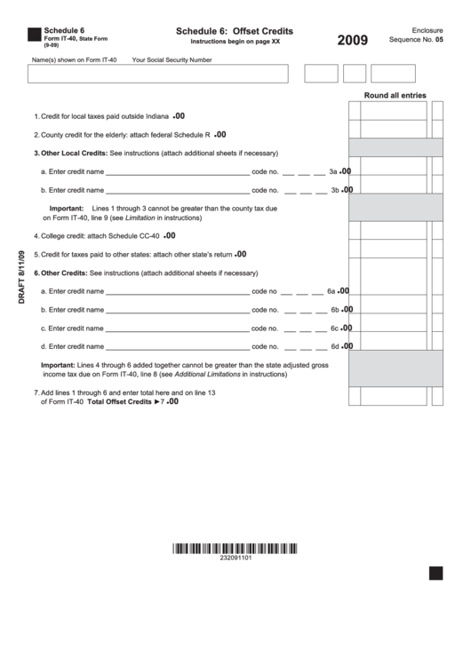 Form It-40 Draft - Schedule 6 - Offset Credits - 2009 Printable pdf