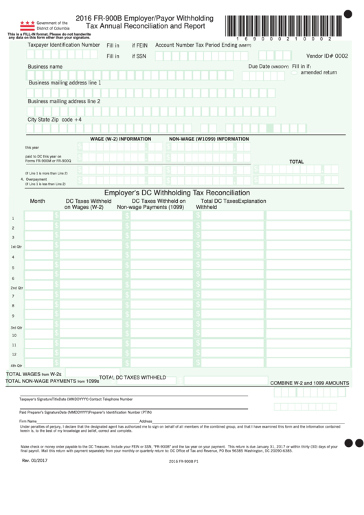 Fillable Form Fr-900b - Employer/payor Withholding Tax Annual Reconciliation And Report - 2016 Printable pdf