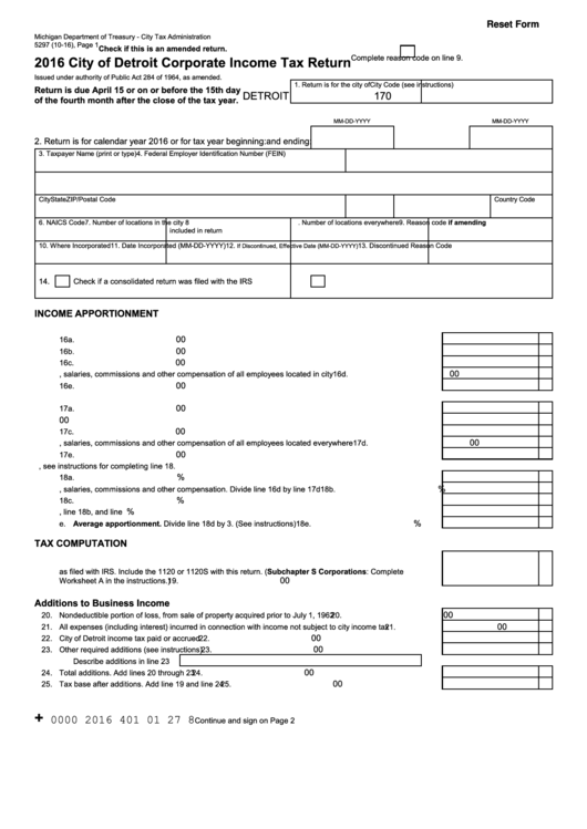 Fillable Form 5297 - City Of Detroit Corporate Income Tax Return - 2016 Printable pdf