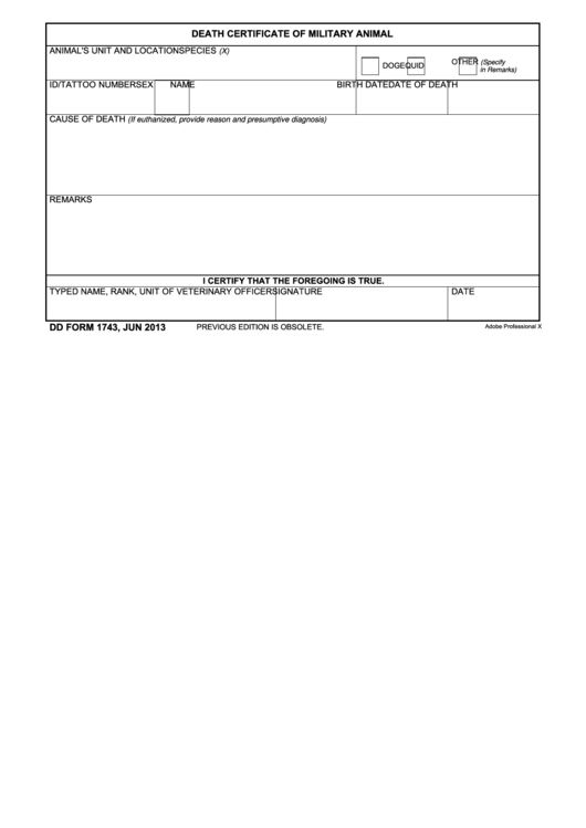 Fillable Dd Form 1743 - Death Certificate Of Military Animal Printable pdf