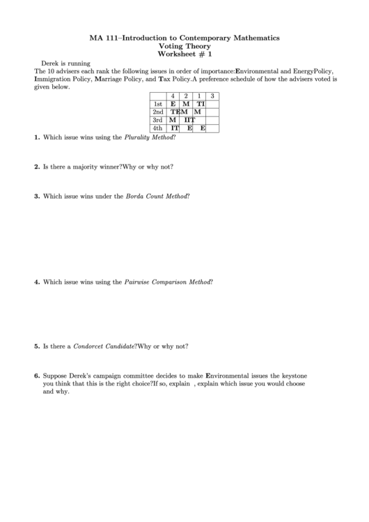 Introduction To Contemporary Mathematics Voting Theory Worksheet