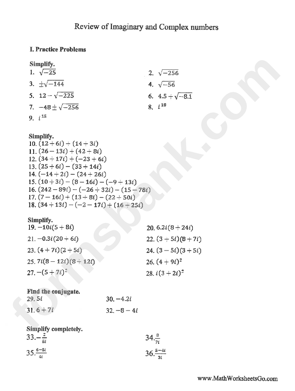 Review Of Imaginary And Complex Numbers Worksheet With Answers Within Complex Numbers Worksheet Pdf