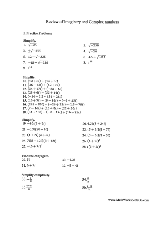 Review Of Imaginary And Complex Numbers Worksheet With Answers Printable pdf
