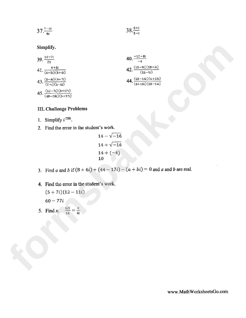 Review Of Imaginary And Complex Numbers Worksheet With Answers