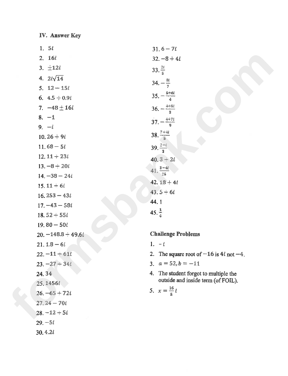 Review Of Imaginary And Complex Numbers Worksheet With Answers