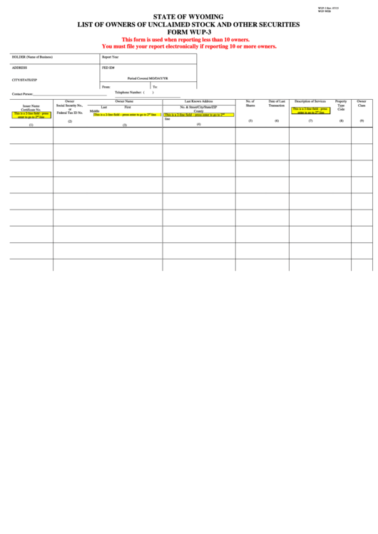 Form Wup-3 - List Of Owners Of Unclaimed Stock And Other Securities Printable pdf