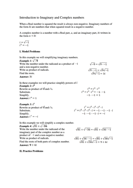 Introduction To Imaginary And Complex Numbers Worksheet With Answers Printable pdf