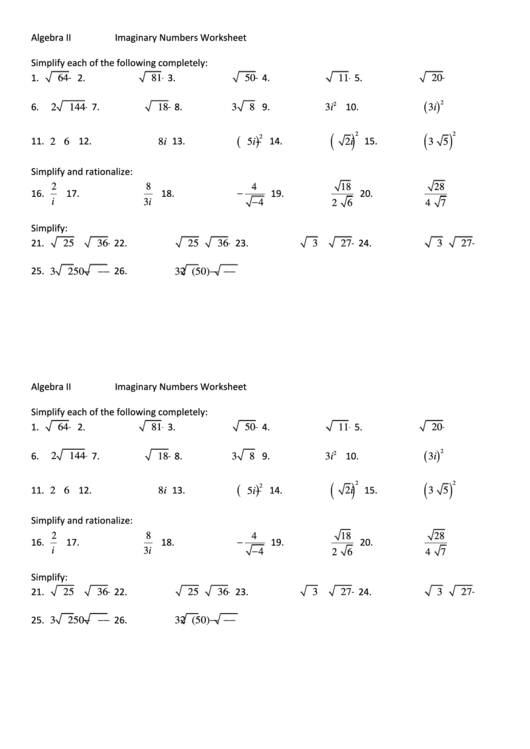 Imaginary Numbers Worksheet printable pdf download