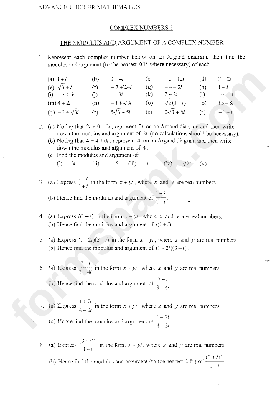 Advanced Higher Mathematics Worksheet With Answers