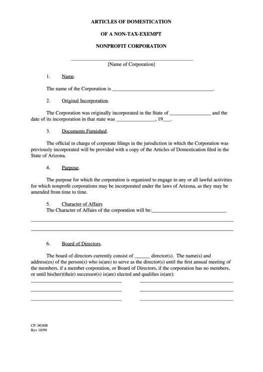 Fillable Articles Of Domestication Of A Non-Tax-Exempt Nonprofit Corporation Form Printable pdf